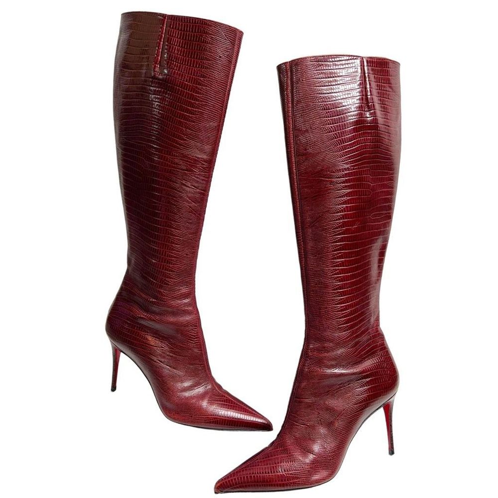 Christian Louboutin Kate Botta 85 Lizard Leather Knee High Boots Heels Red 39.5